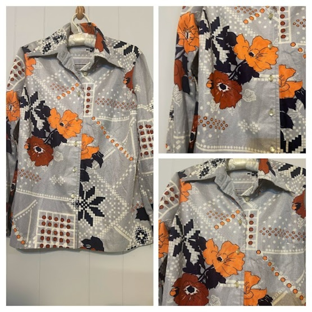 Vtg Mendota Retro Floral Button Up Shirt Long Sleeve Orange Brown Gray Print